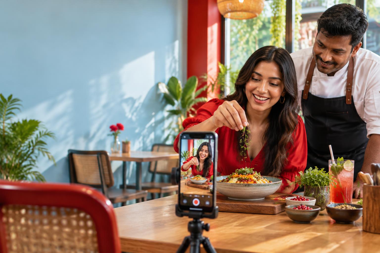 A creator filming a food Reel with a local business owner